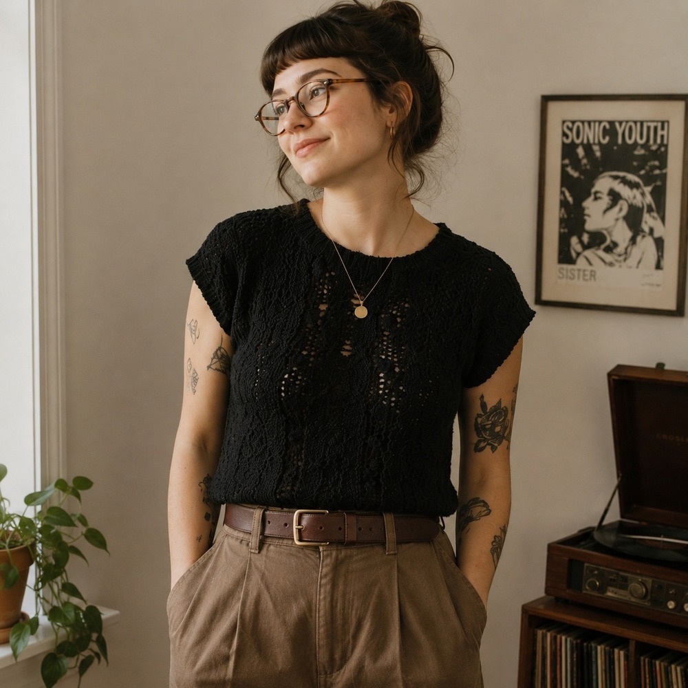 Vintage Campus Casuals Cable Knit Sweater Short Sleeve Black Textured Women's S